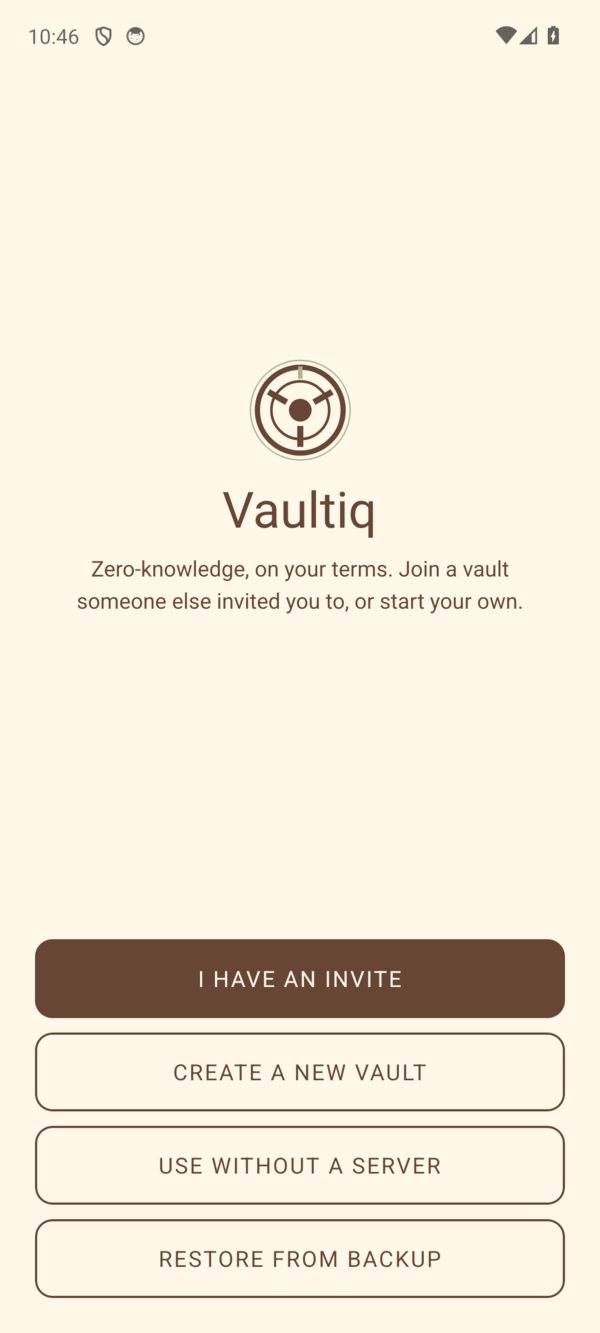 Get started: join with an invite, create a vault, use without a server, or restore from backup