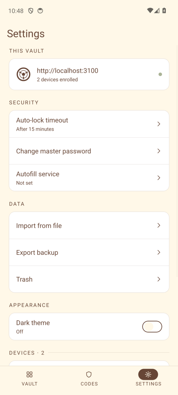 Settings: auto-lock, master password, autofill, import, export backup