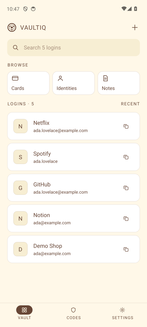 Vault home listing logins, with Cards, Identities and Notes tiles