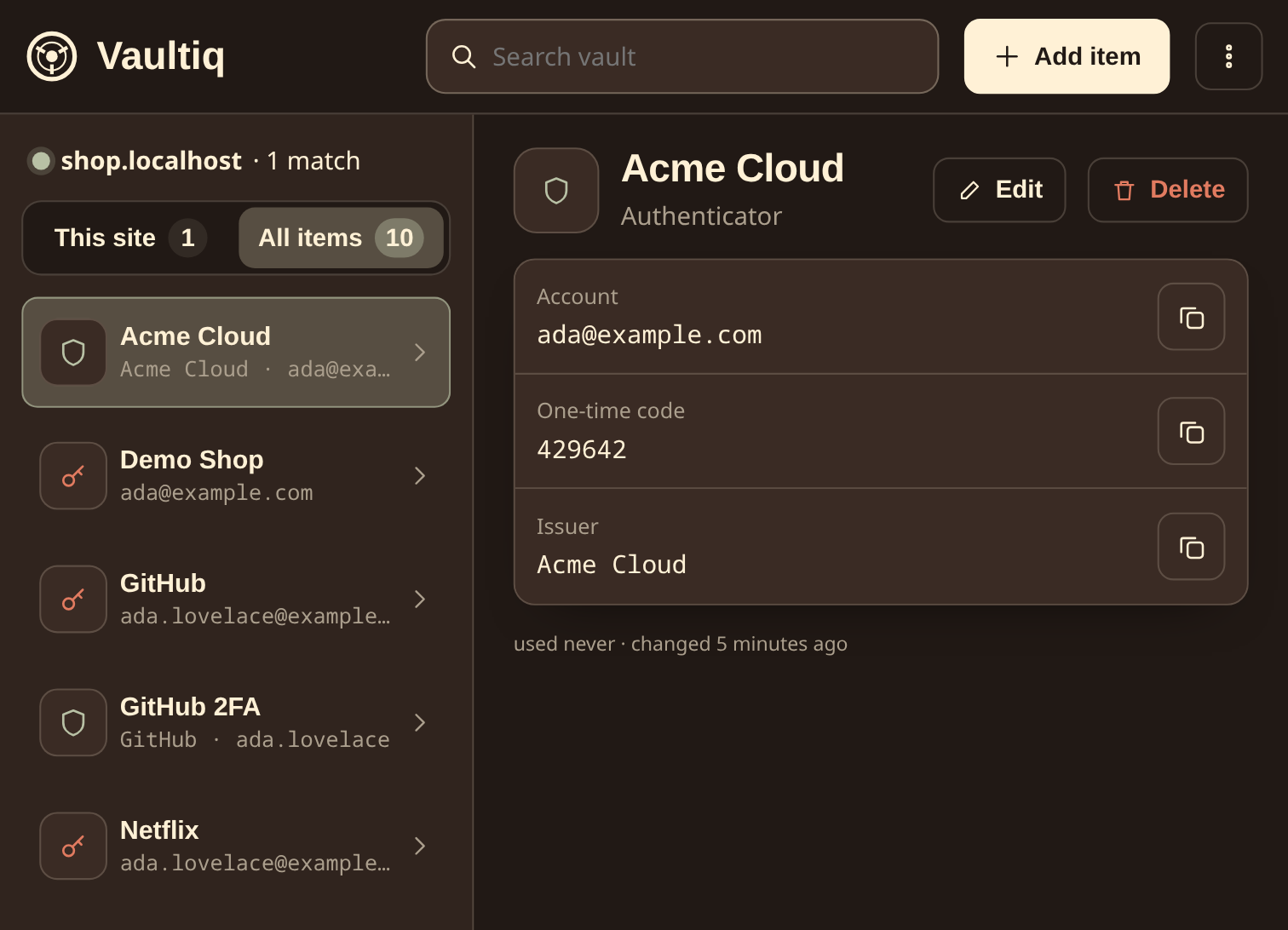 Extension popup in dark mode with a live authenticator code