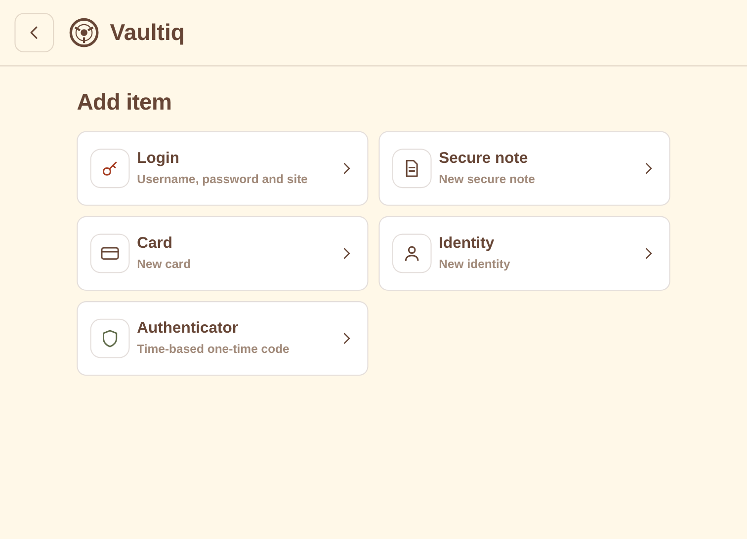 The five item types: login, card, identity, authenticator and secure note