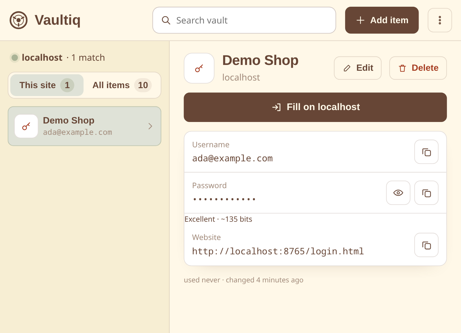 Extension popup with a one-click Fill action for the current site