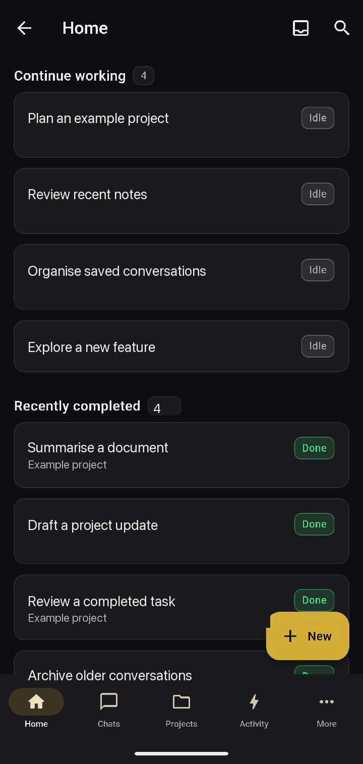 Home dashboard with example tasks