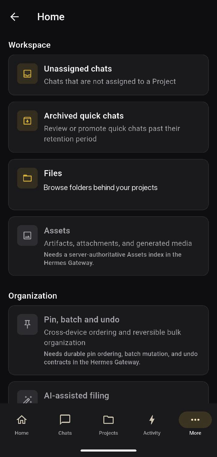 More tab with workspace and organisation features