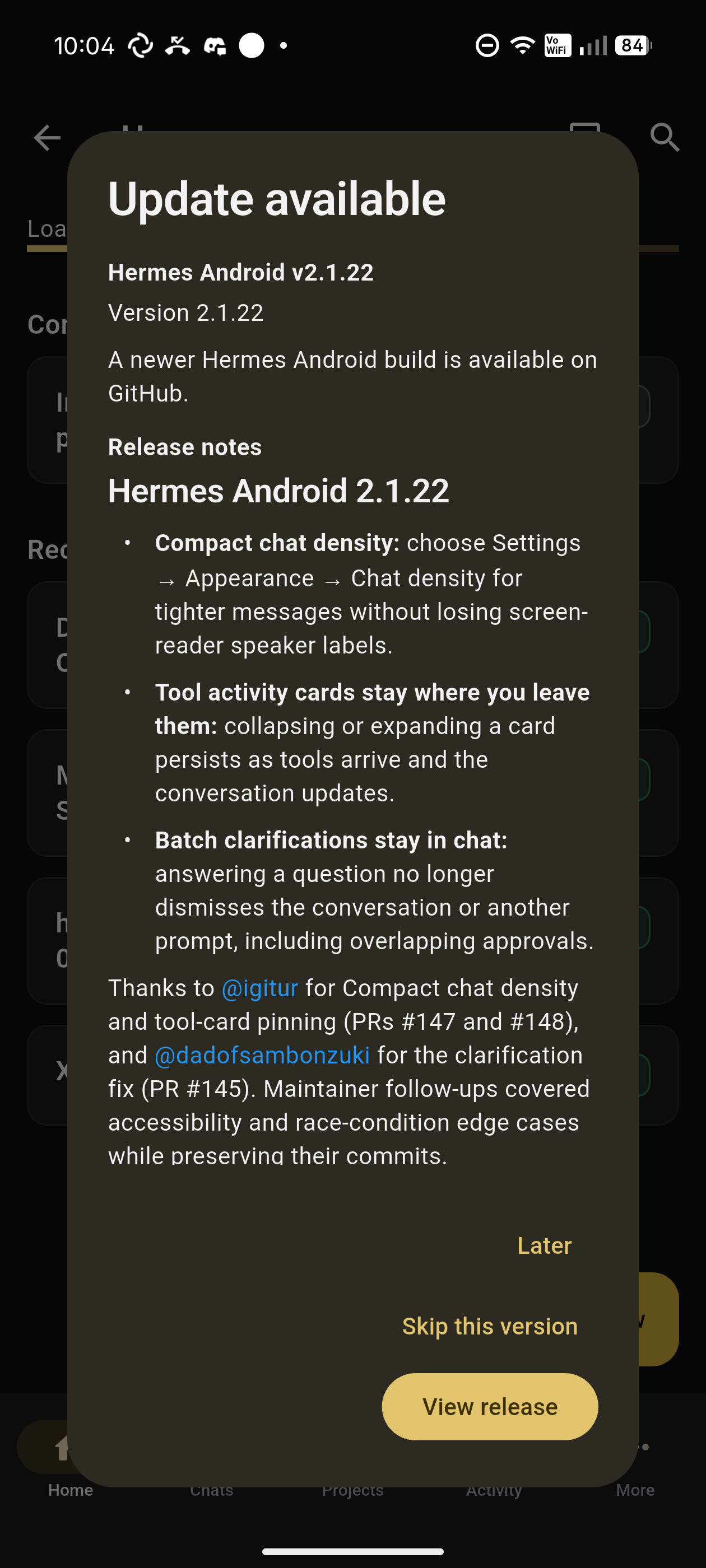 Update available dialog for Hermes Android v2.1.22