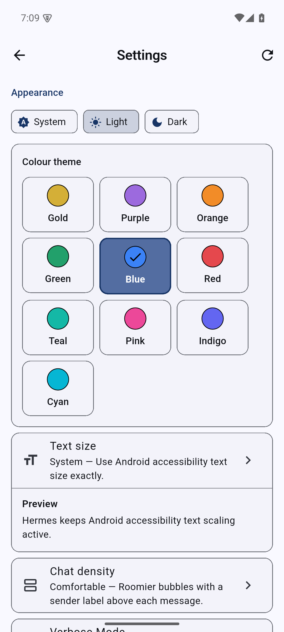 Settings in the Blue · light theme