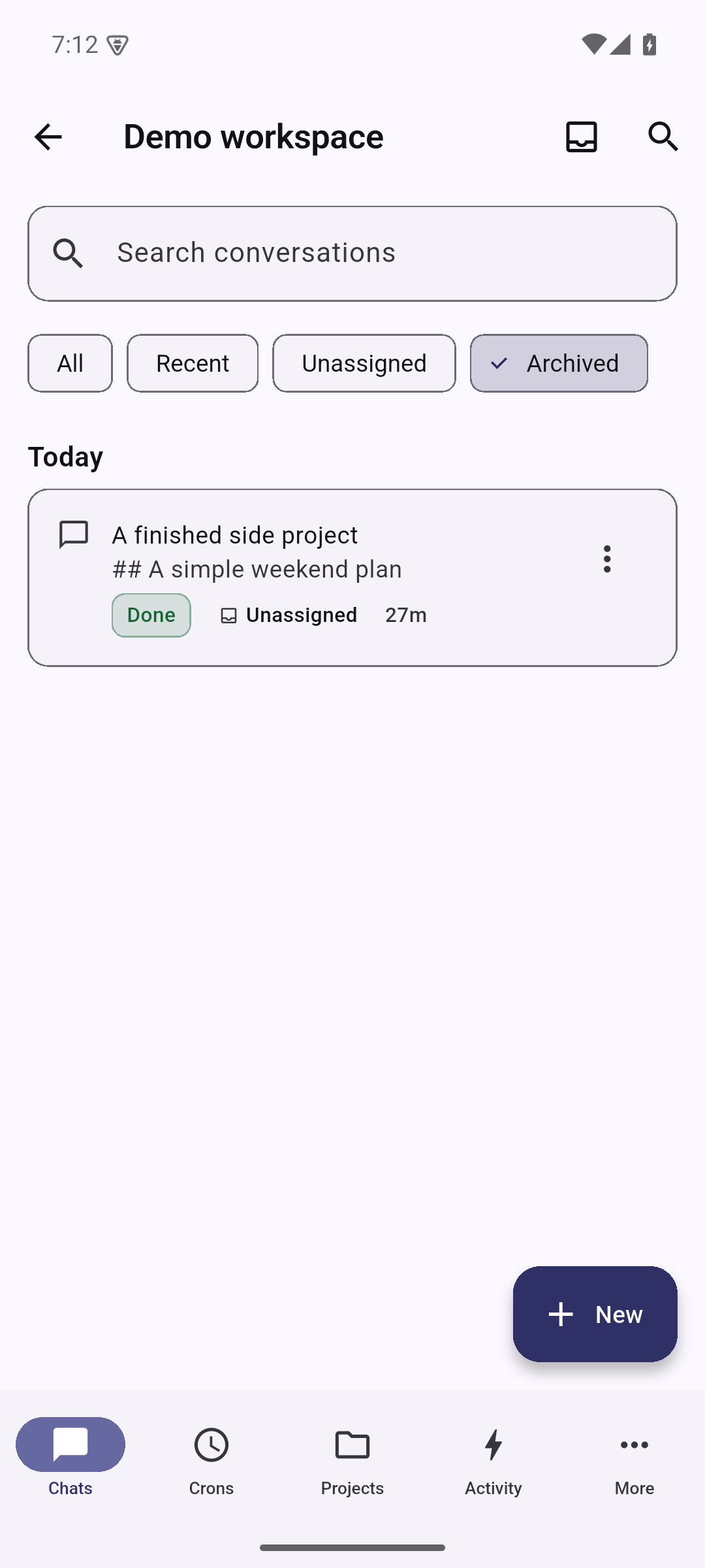 Archived chats in the Indigo · light theme