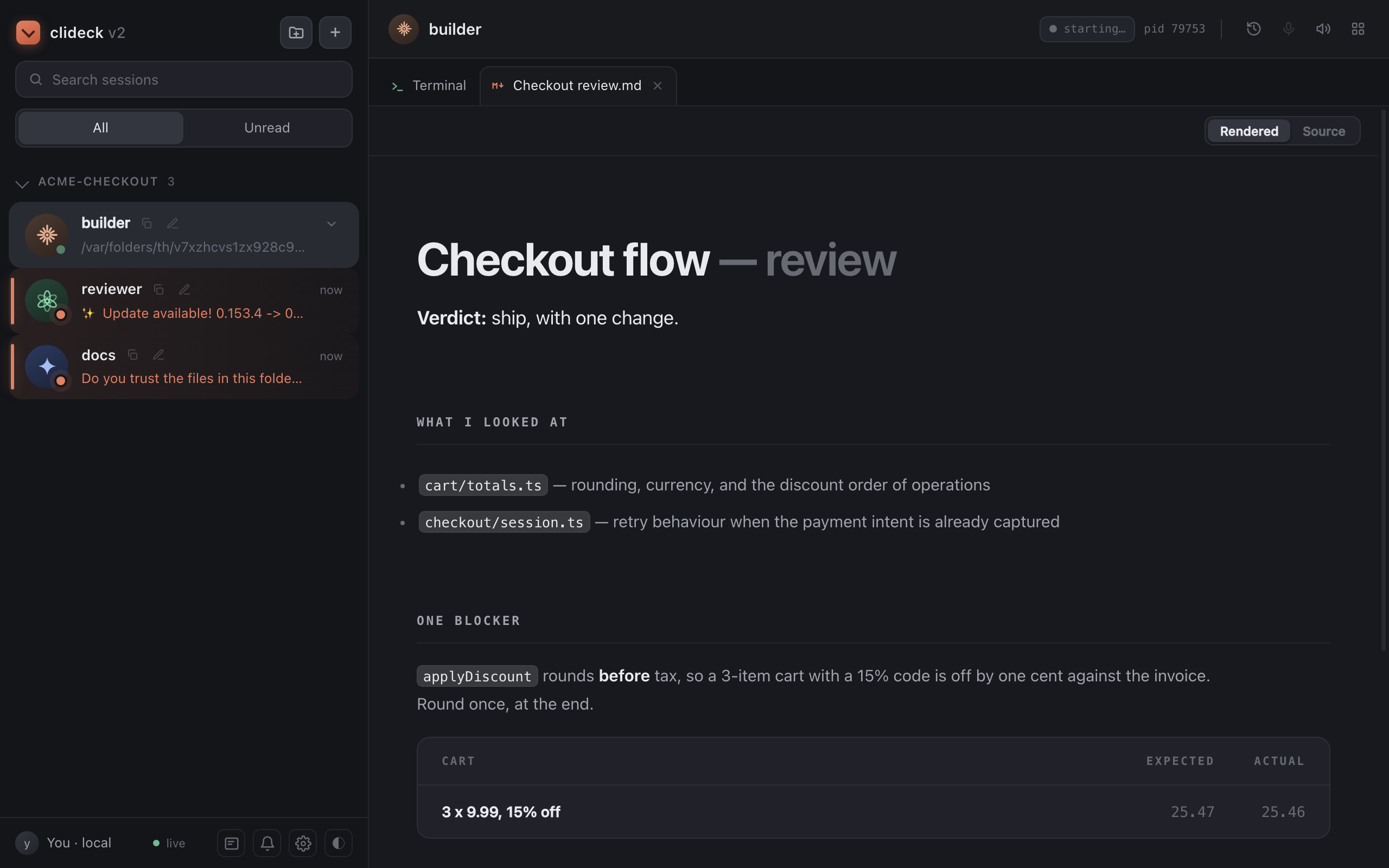 CliDeck with a team of agents and a Markdown report open