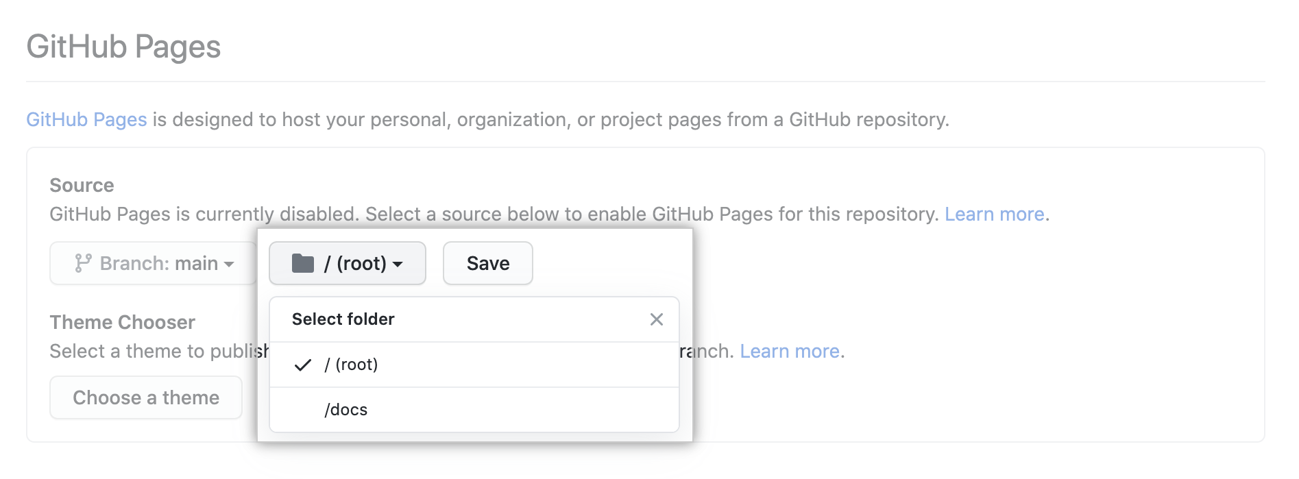 Settings/GitHub Pages/Source