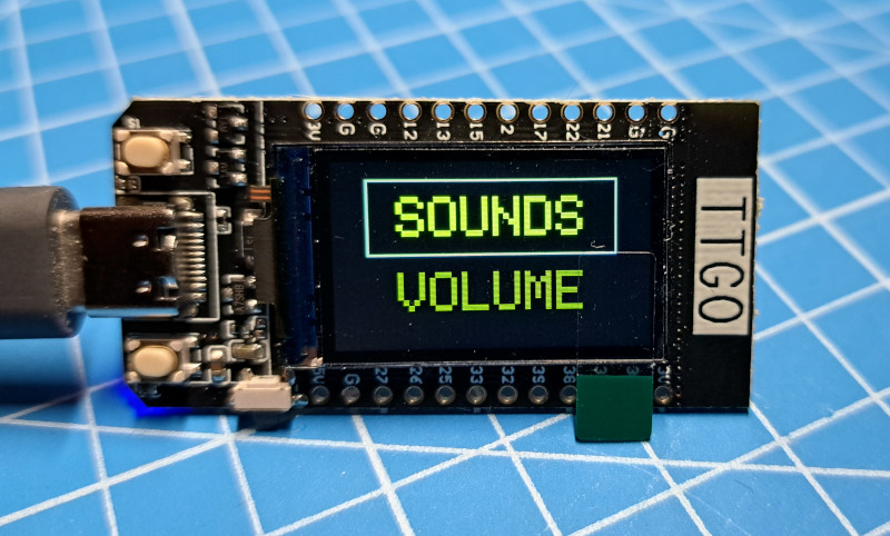 Image of a TTGO showing SOUNDS and VOLUME menu options with the SOUNDS option highlighted.