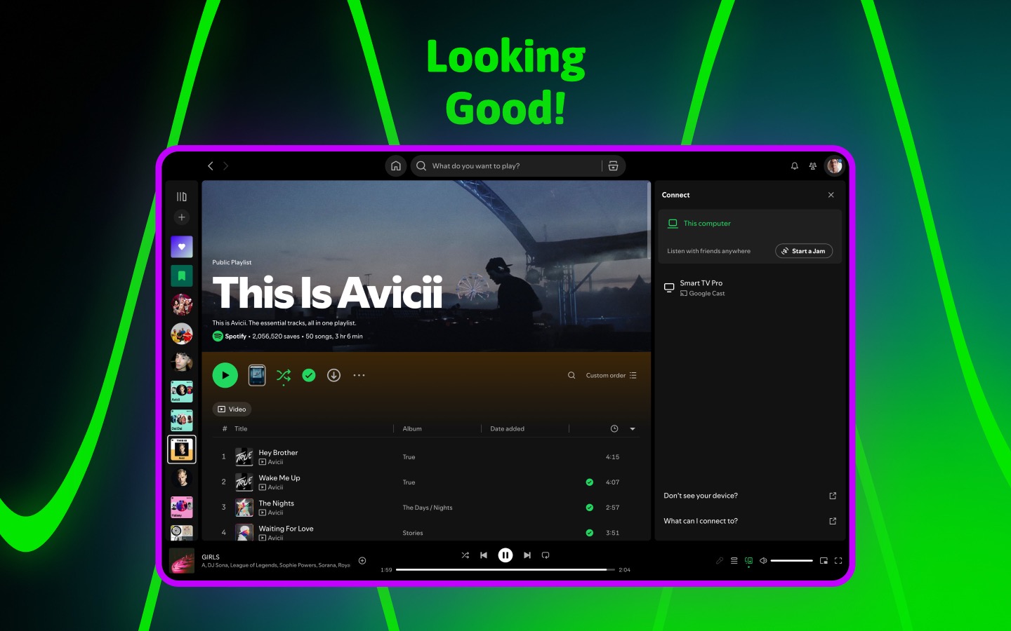Desktop app Store screenshot preview: a music playlist in a 16:10 frame