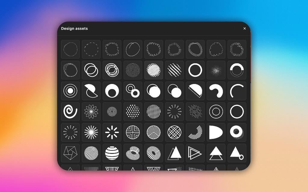 AppShots design assets picker with geometric shapes and icons