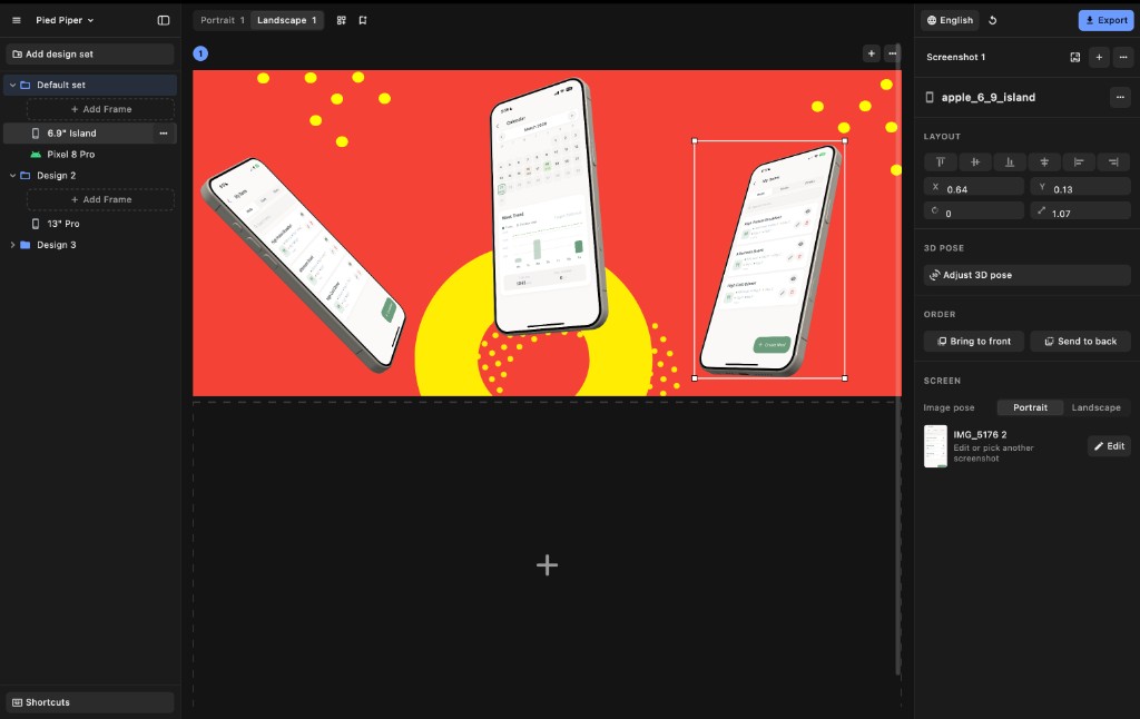 A landscape screenshot with 3D device frames in AppShots