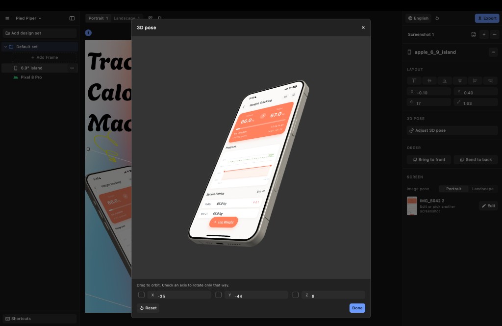 AppShots 3D pose controls rotating an iPhone frame