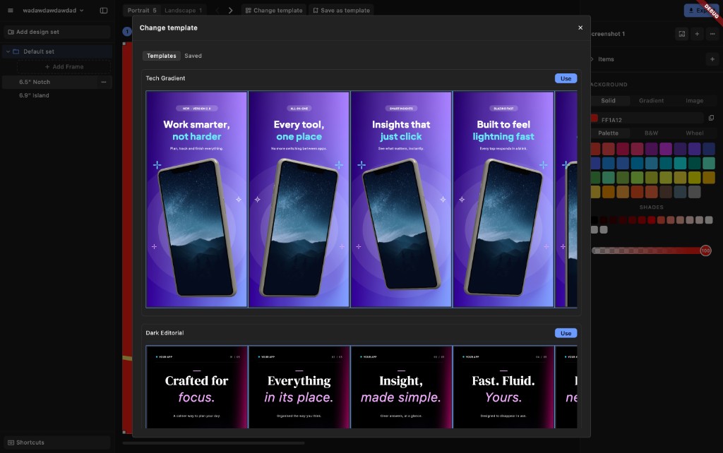 AppShots Change template dialog with matching screenshot sets