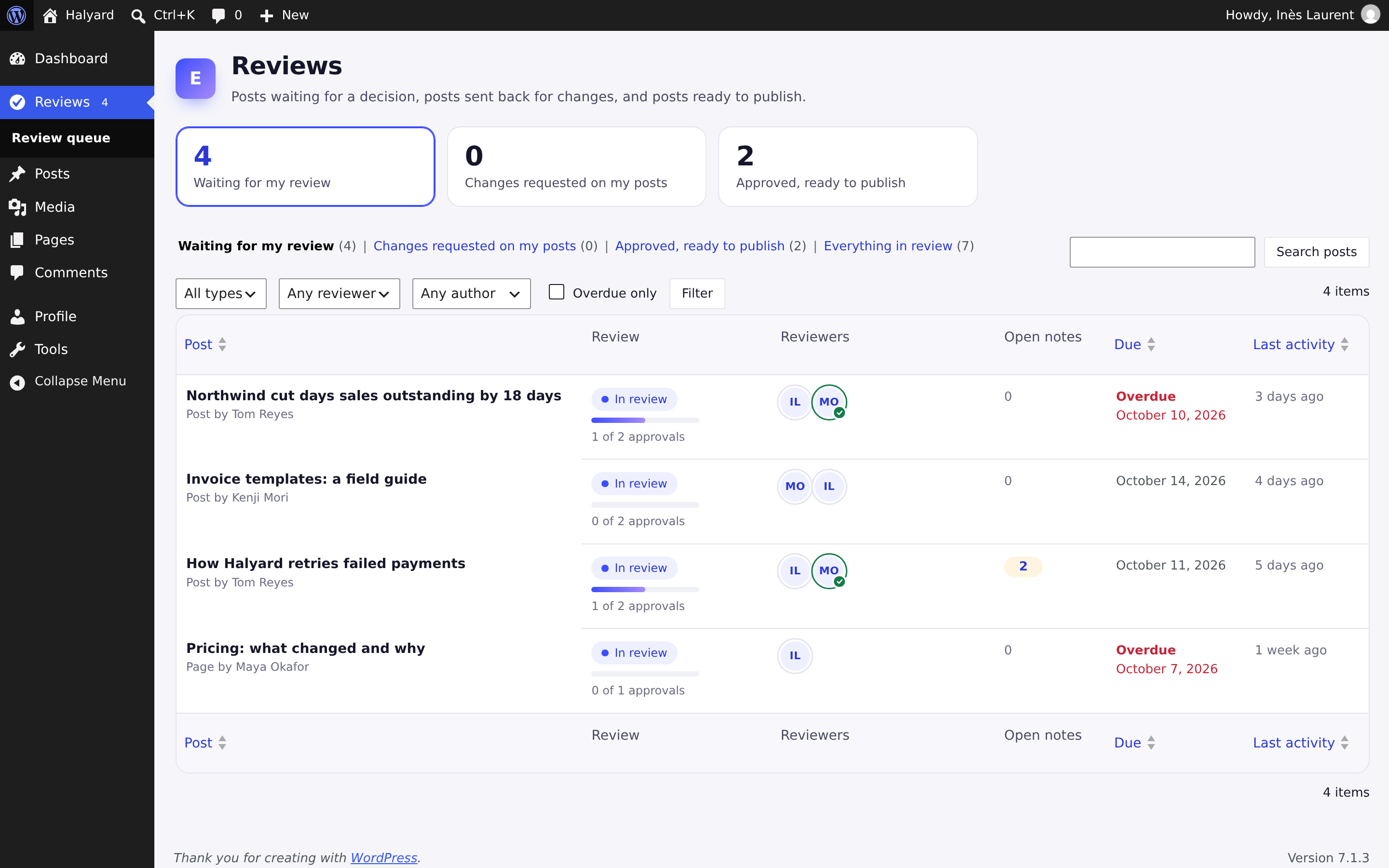 The review queue: tiles for waiting for my review, changes requested on my posts and approved, ready to publish, then a table of posts with review state, approvals meter, reviewers as initials with decision rings, open notes and due dates, one overdue