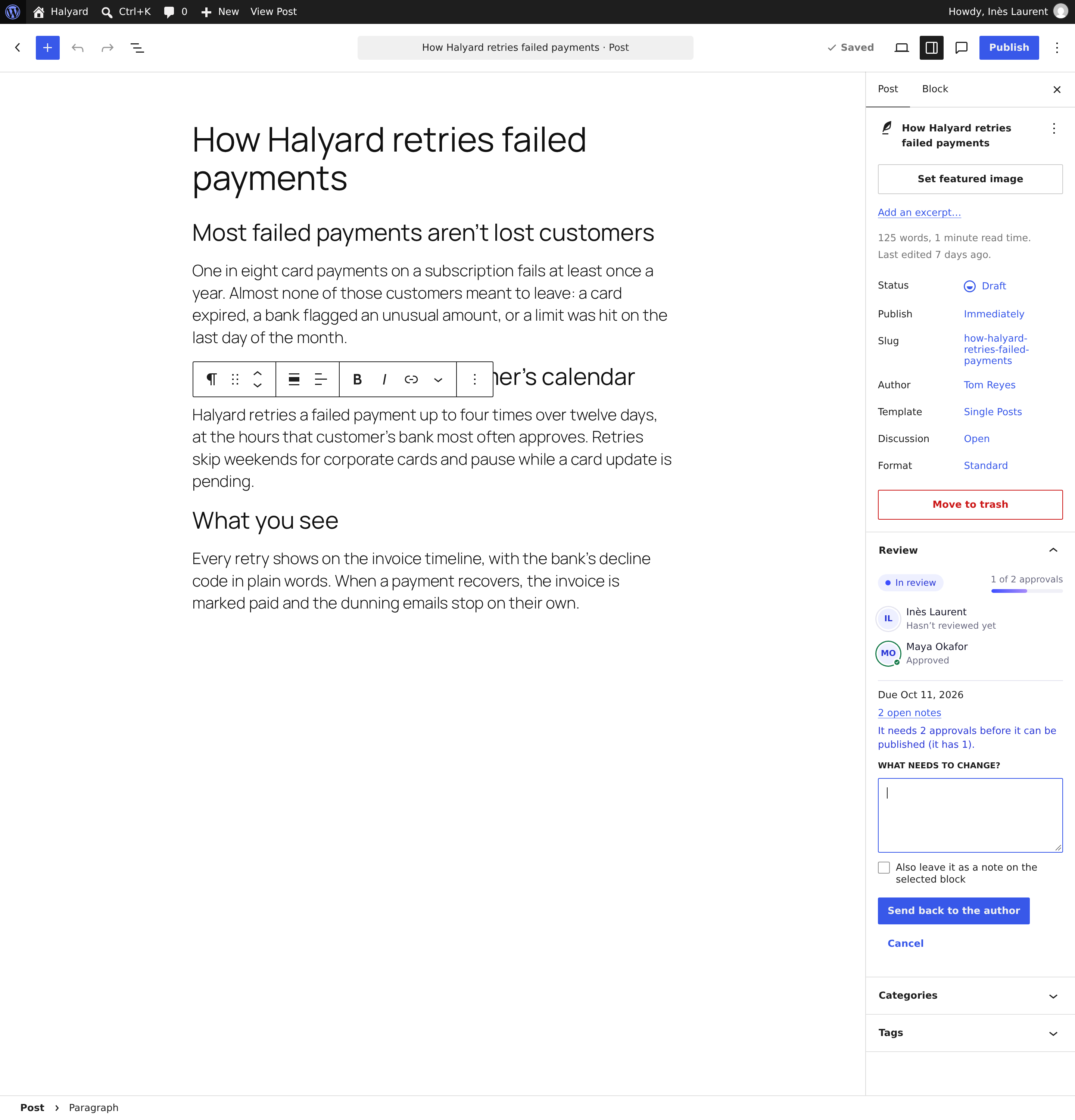 The Review panel's Request changes form with a message box and the option to also leave it as a note on the selected block