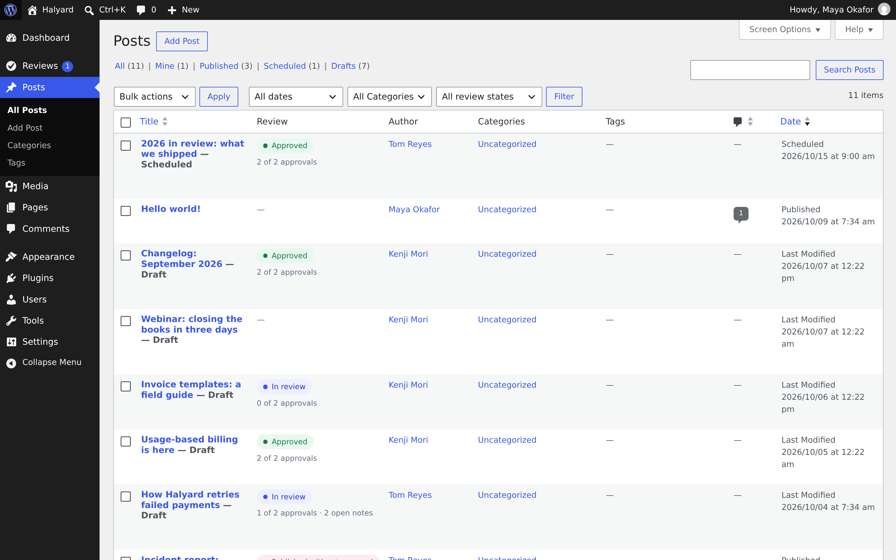 The Posts screen with a Review column and a review state filter