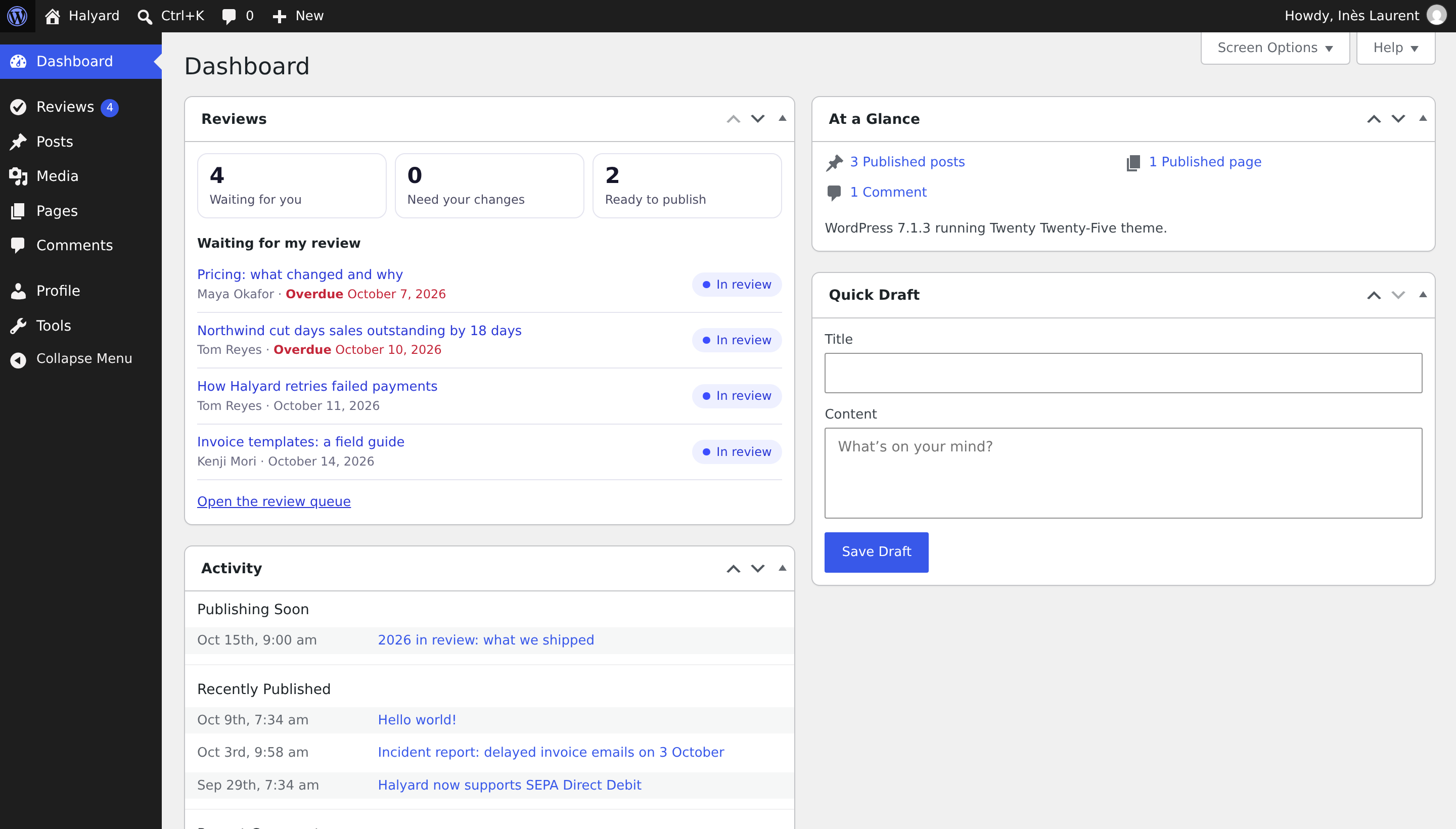 The Reviews dashboard widget with three counts and the posts waiting