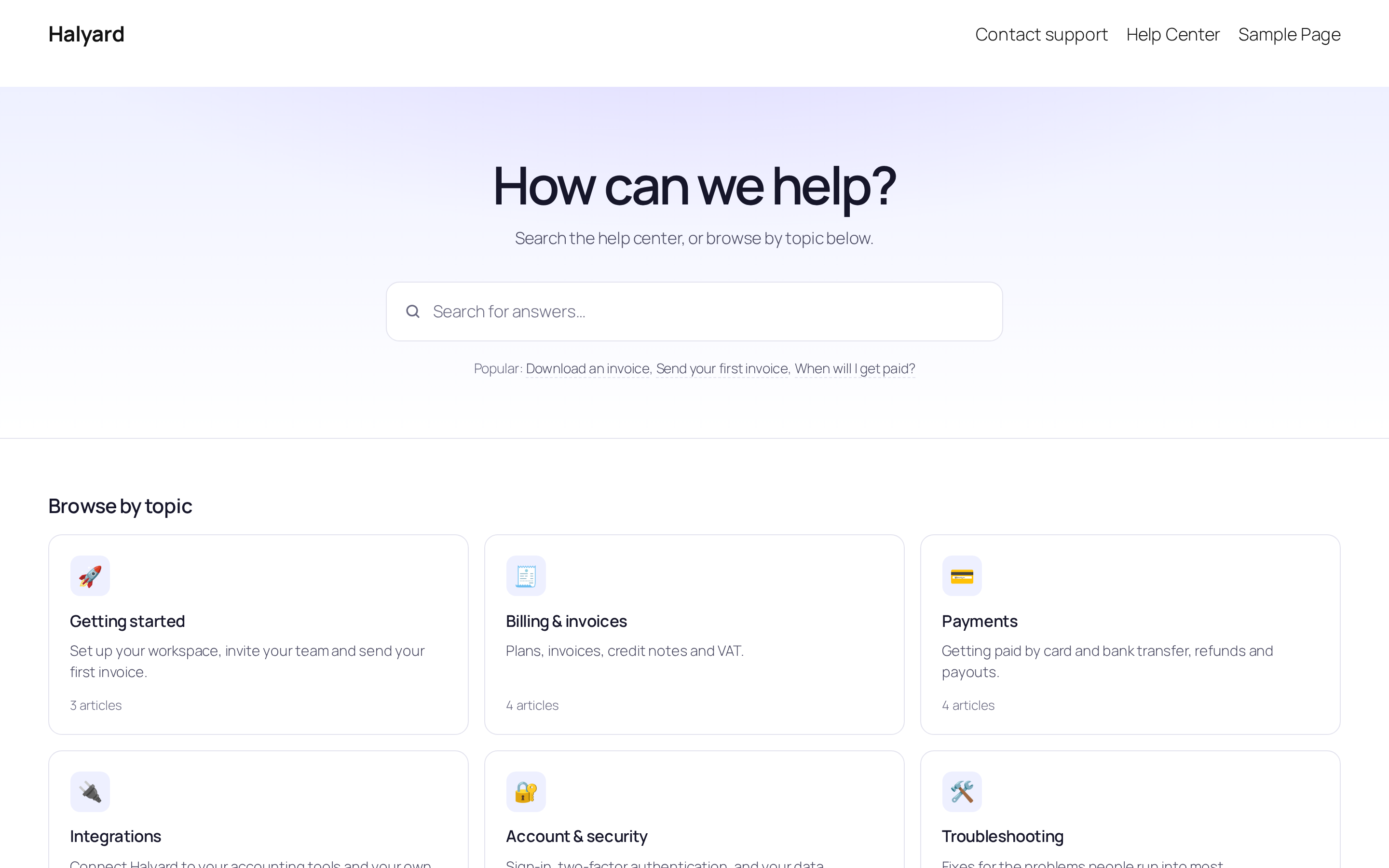 The help center home: a big search box asking How can we help?, cards for each category with an icon, a description and an article count, and popular articles