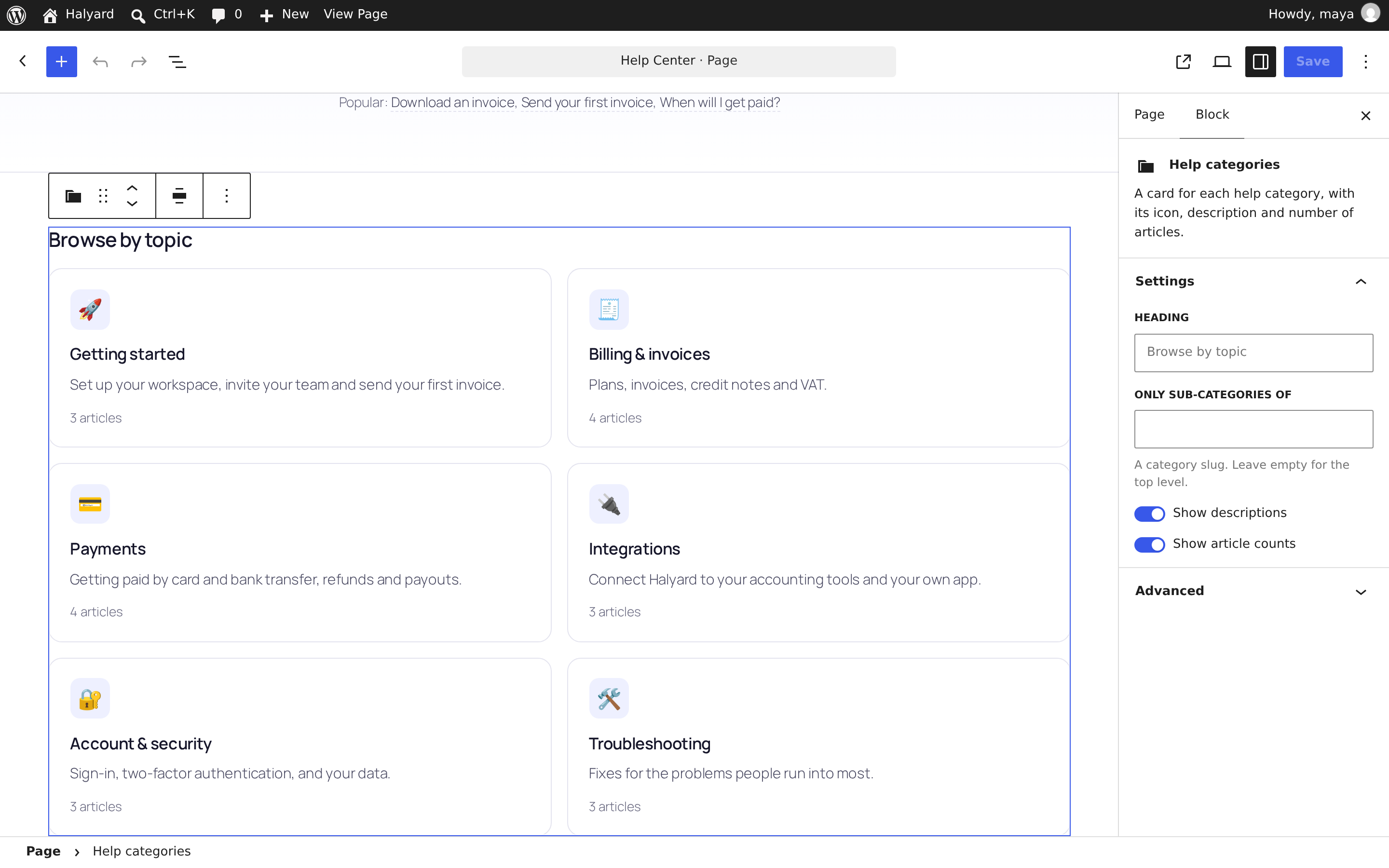 The home page in the block editor, with the Help categories block selected and its settings