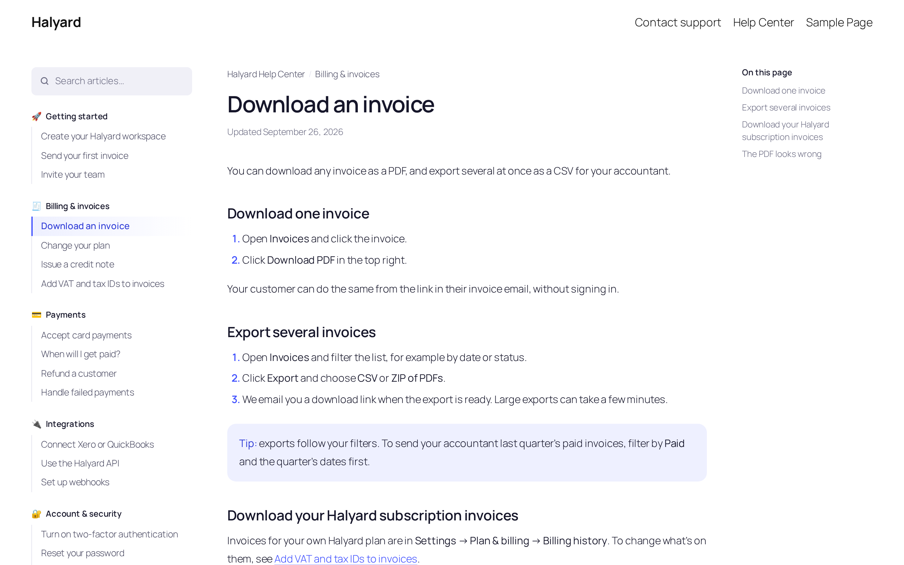 An article in a docs layout: categories and articles on the left, breadcrumbs, title and the article in the middle, an On this page outline on the right