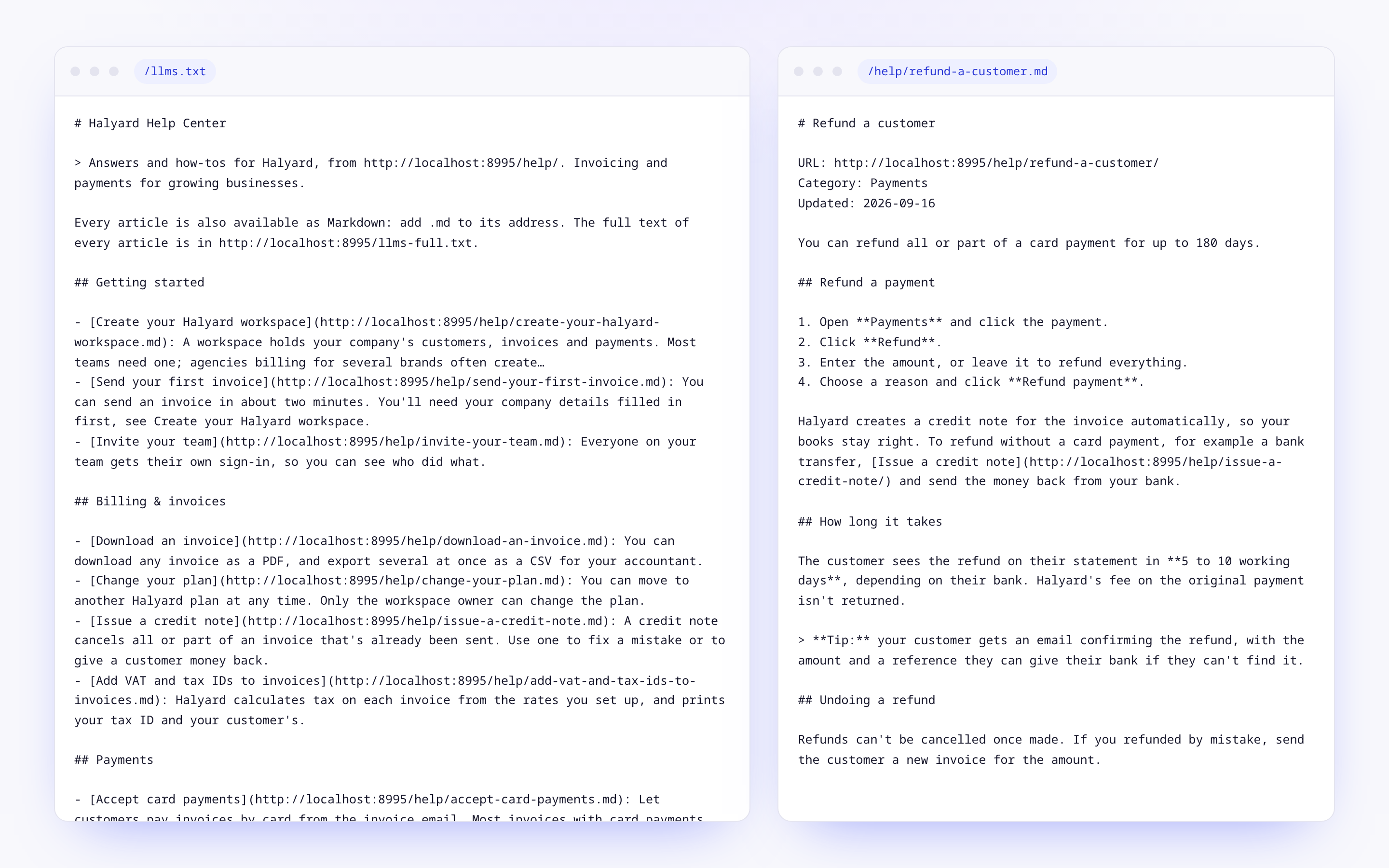 llms.txt listing the articles by category, next to an article served as Markdown