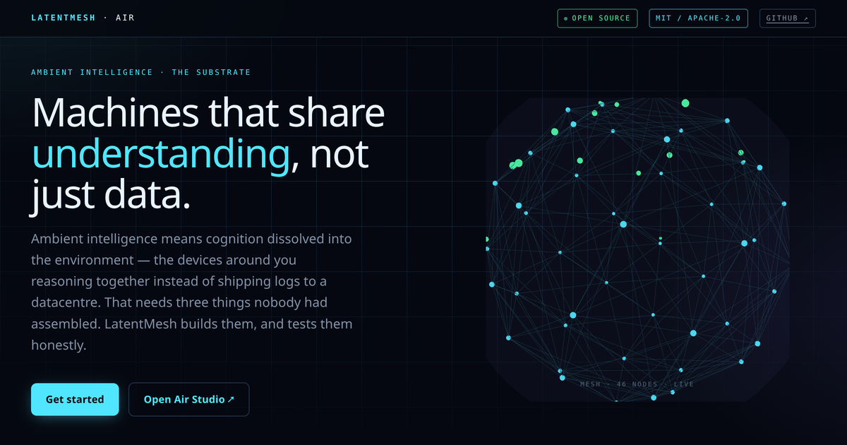 LatentMesh — machines that share understanding, not just data. Click to open the interactive site.