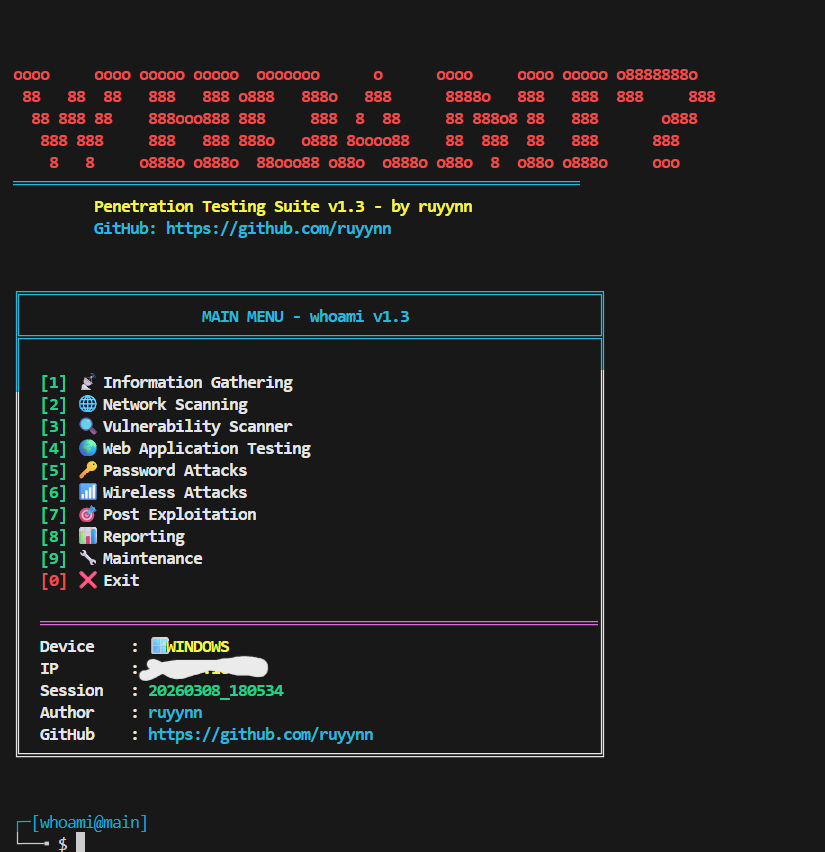 whoami penetration testing suite main menu by ruyynn