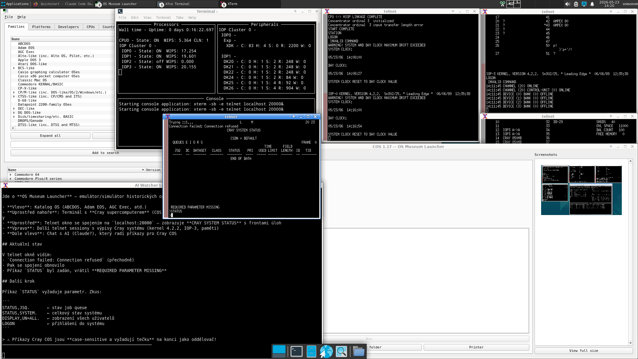 A typical session β Virtual OS Museum running historical systems, AI Watcher log viewer waiting in the corner