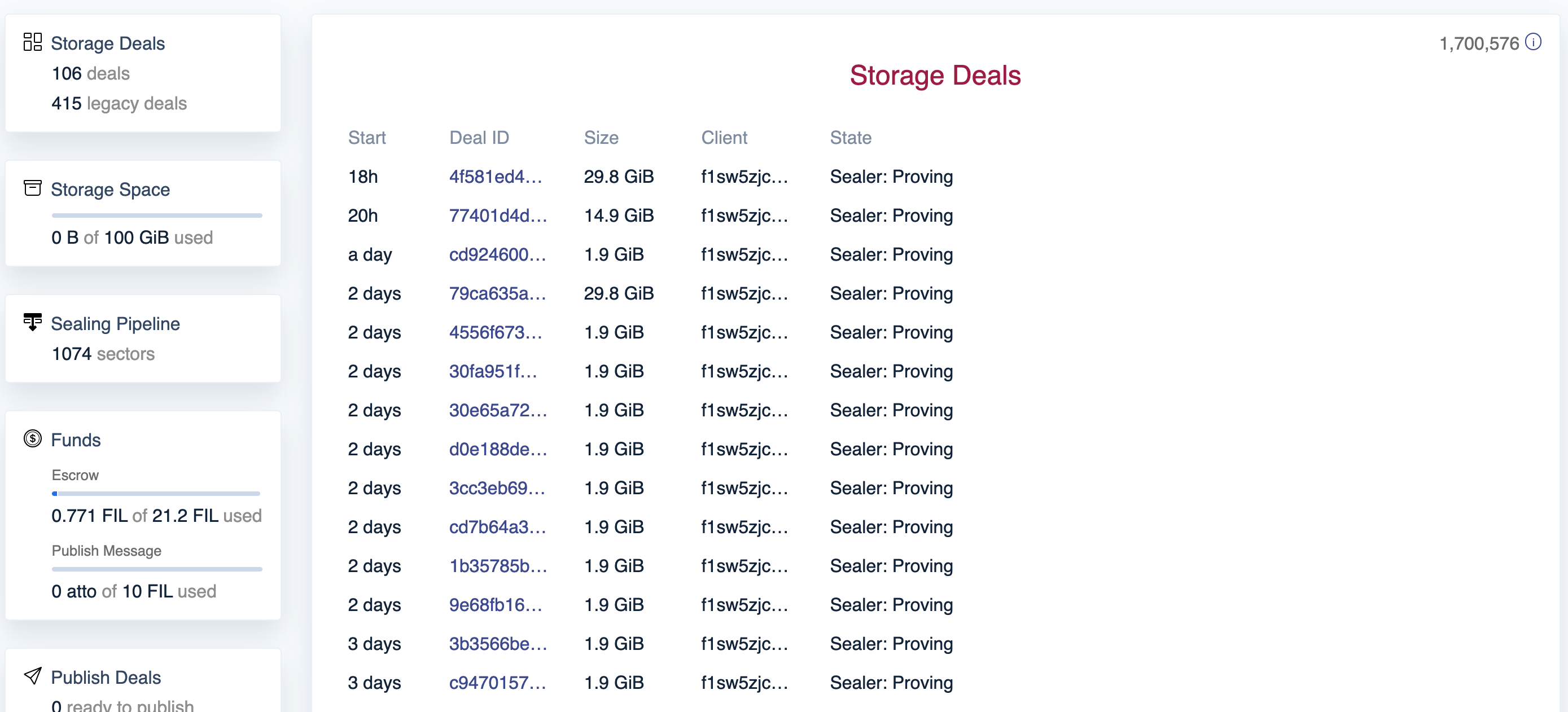 Web UI - Storage Deals screen