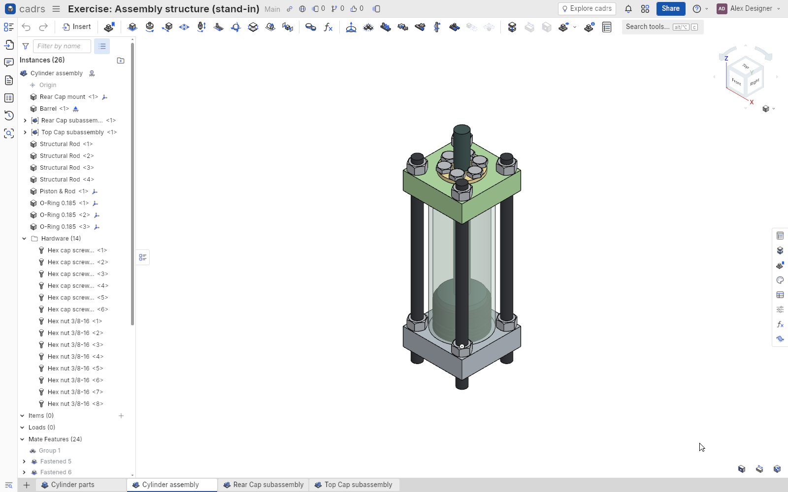 cadrs: a pneumatic cylinder assembly with its instances, subassemblies and fasteners