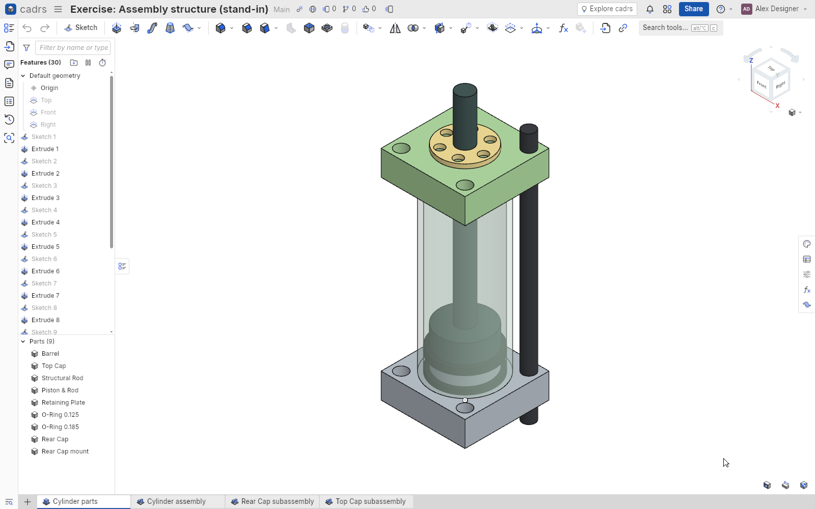 The cylinder's parts in their Part Studio, with the feature list