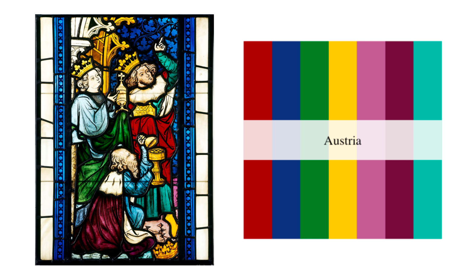 The Palettes inspired by works at the Metropolitan Museum of Art in New York, this image shows how the 1st Palette was derived from the Adoration of the Magi from Seven Scenes from the Life of Christ, 1390, Artists Unknown, Austrian