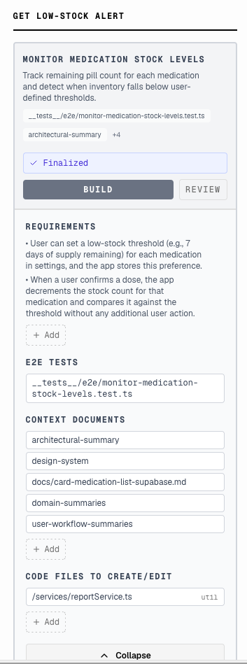 Context card: requirements, tests, context docs, code files