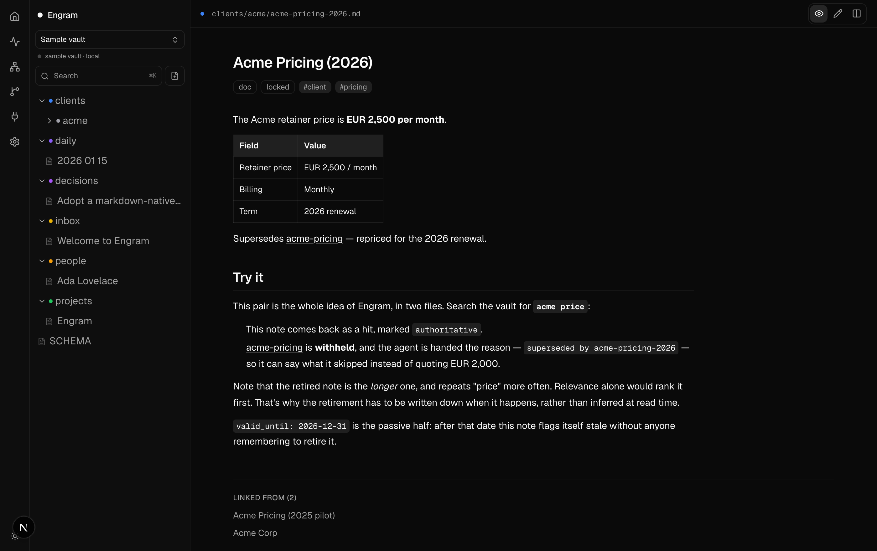 Engram dashboard showing a note marked locked, superseding an earlier pricing note, with backlinks
