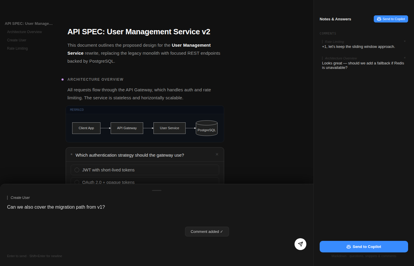 Markdown Review showing an API spec with annotations in the sidebar and the comment drawer open