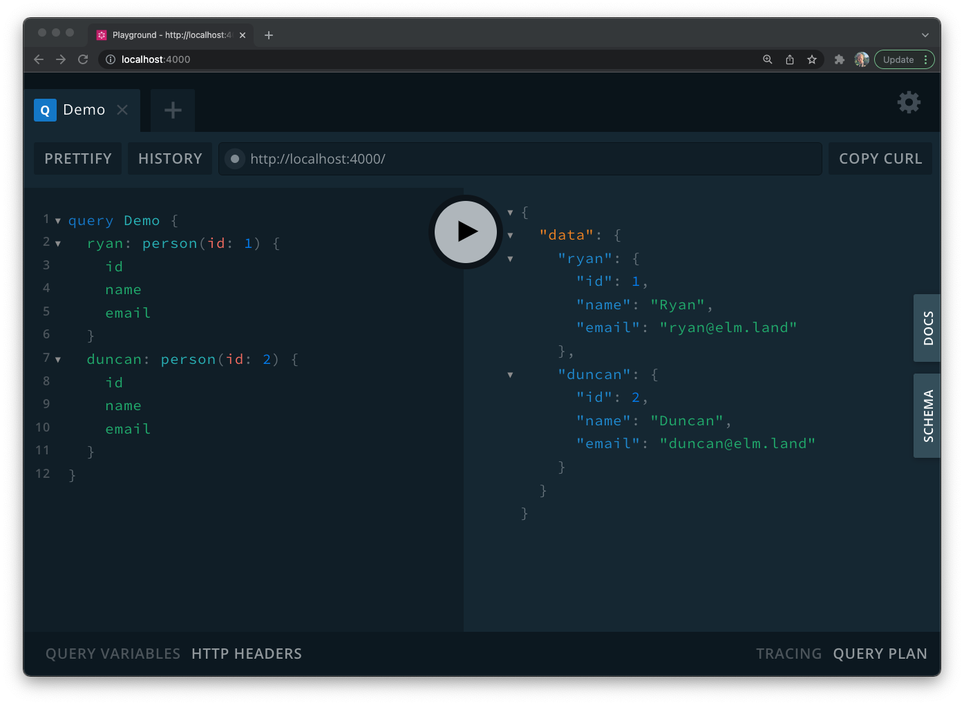 A screenshot of a demo query in the GraphQL playground