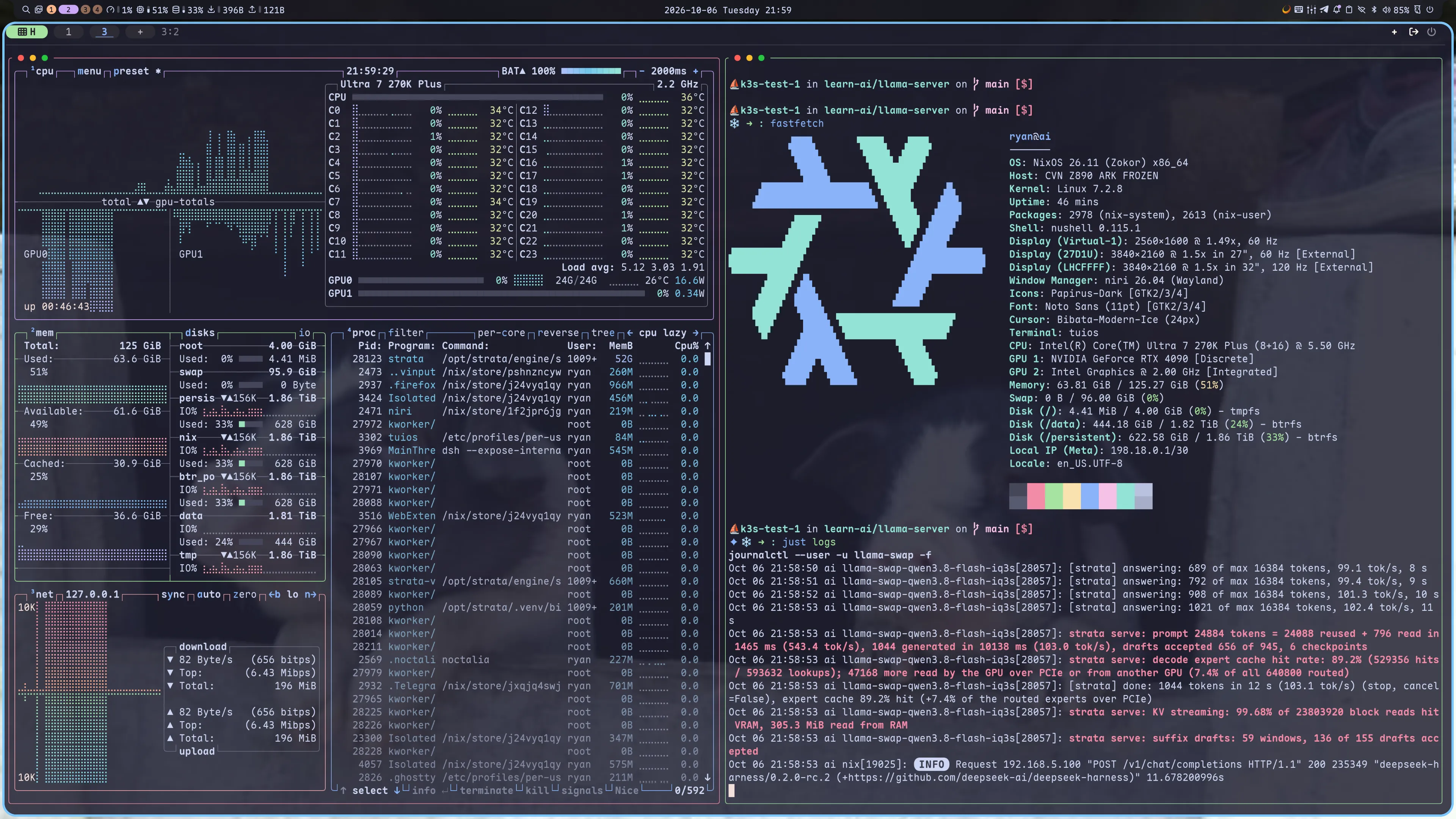 btop, fastfetch, and llama.cpp serving logs