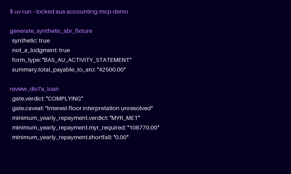 Static terminal demonstration of synthetic BAS output and Division 7A loan review