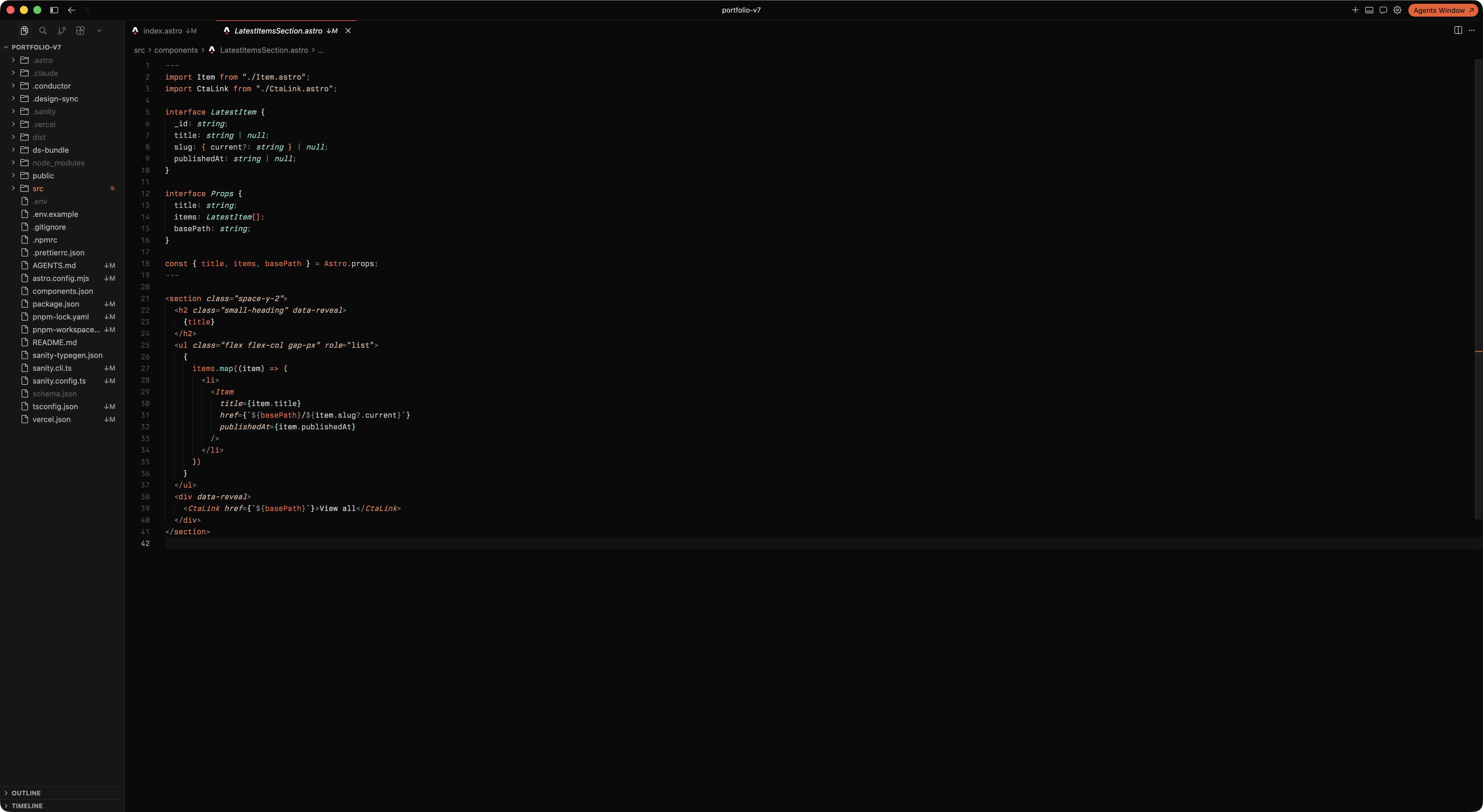 Hearth Dark Teal highlighting an Astro component in Cursor with orange and teal syntax accents