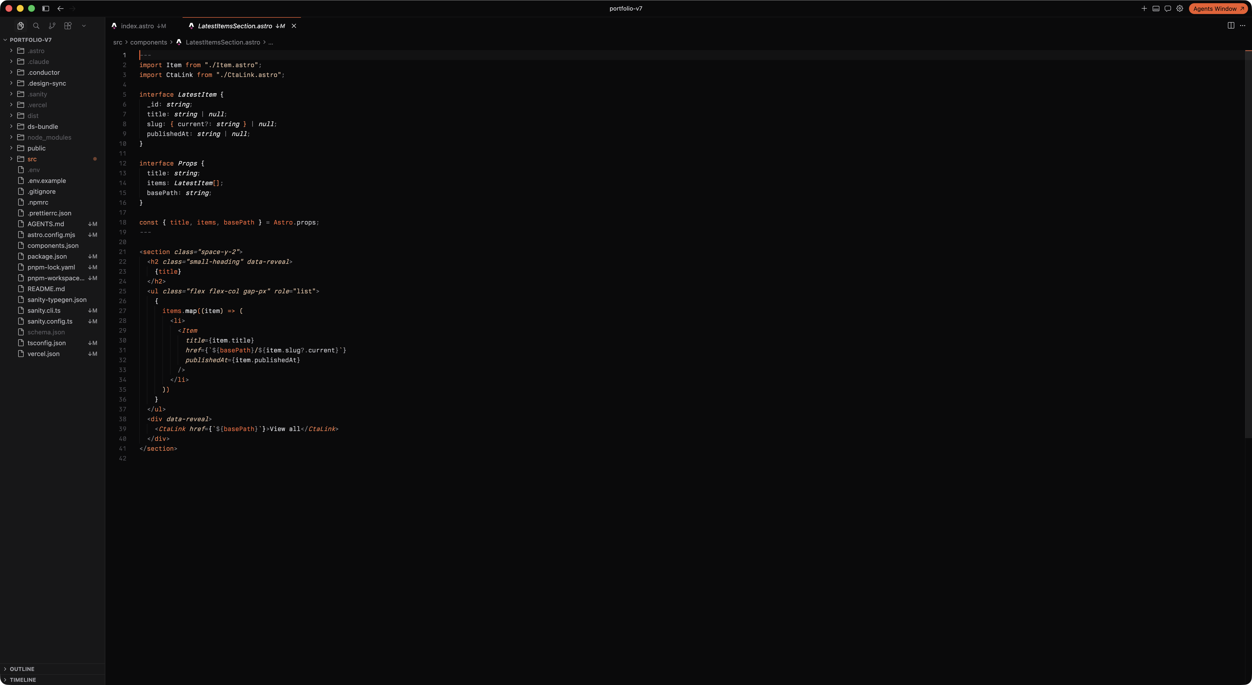 Hearth Dark highlighting an Astro component in Cursor with orange syntax accents