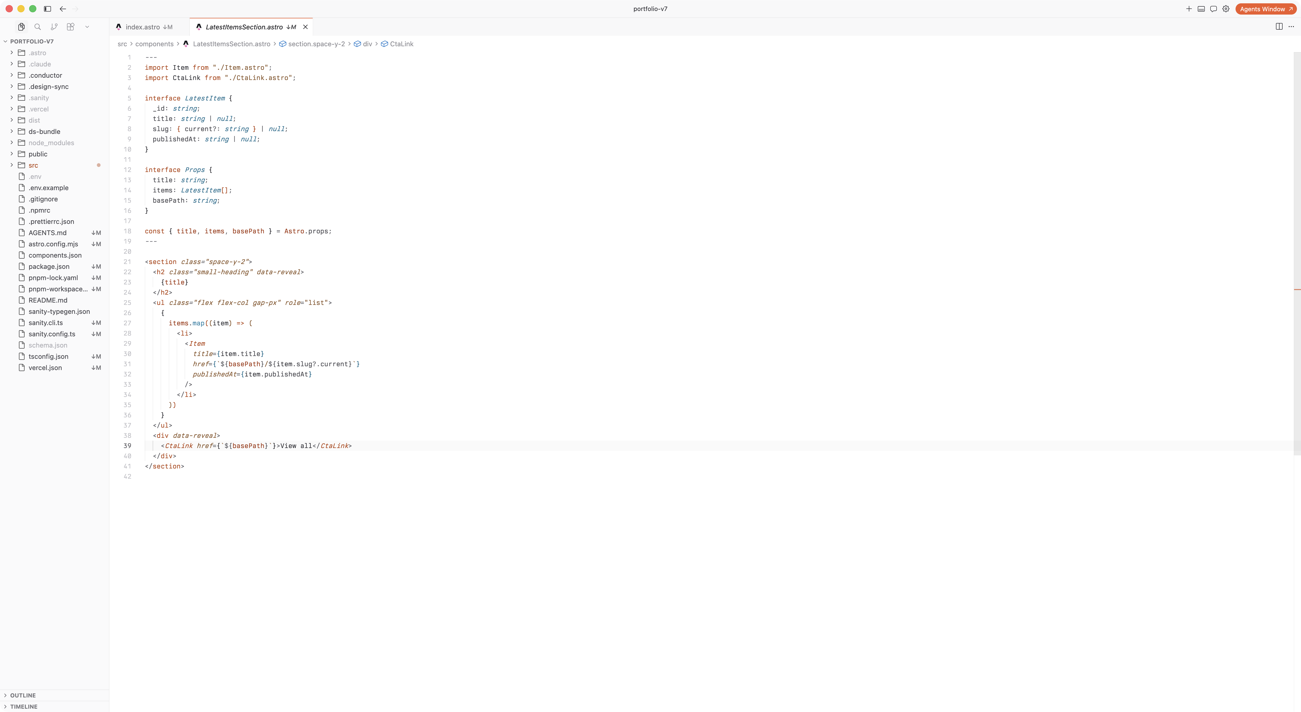 Hearth Light Azure highlighting an Astro component in Cursor with orange and blue syntax accents