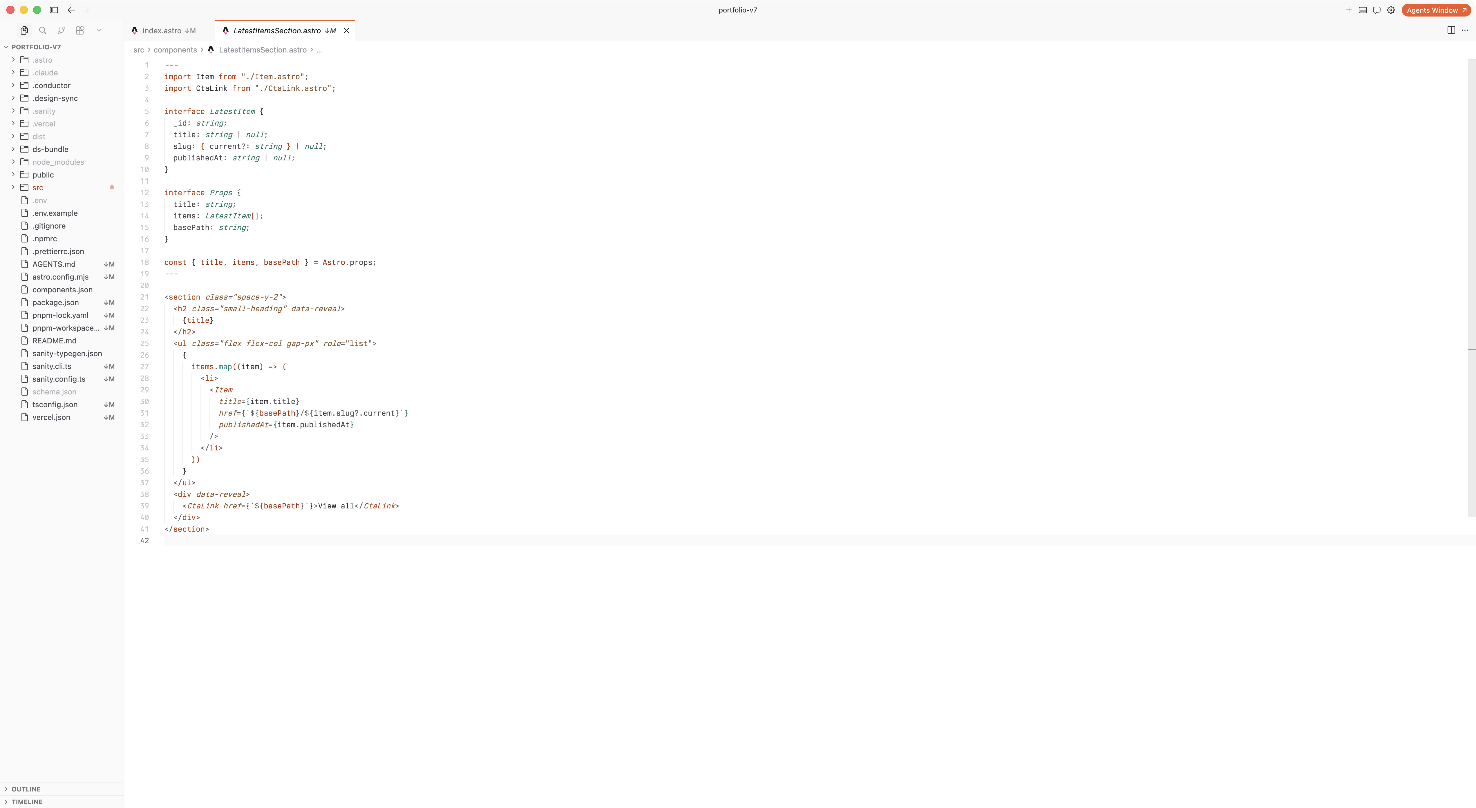 Hearth Light Teal highlighting an Astro component in Cursor with orange and teal syntax accents