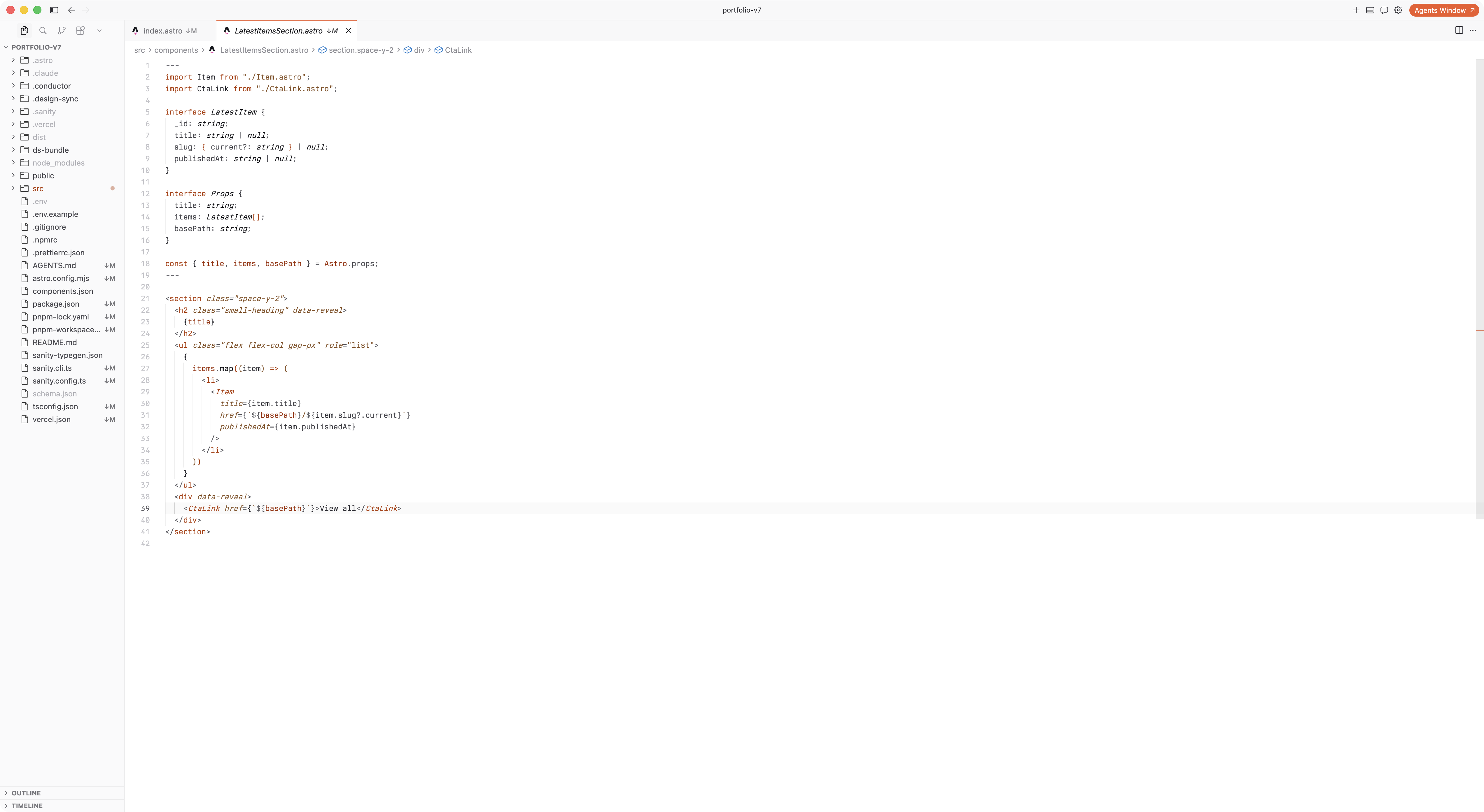 Hearth Light highlighting an Astro component in Cursor with orange syntax accents