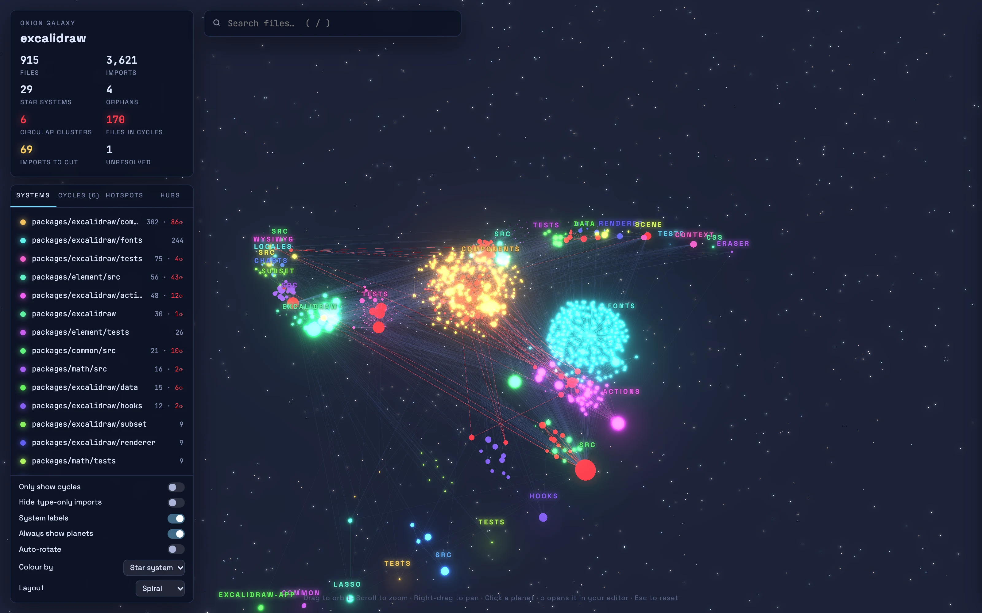A codebase mapped as a galaxy: 915 files in 29 star systems, with circular dependencies in red