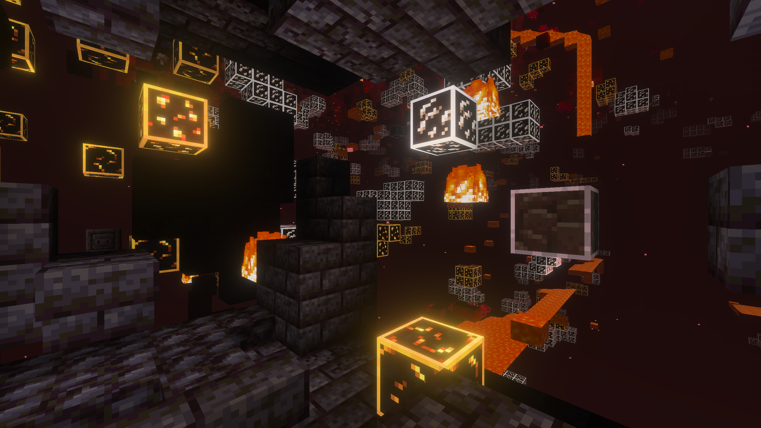 The Nether with glowing ores outlines and xray