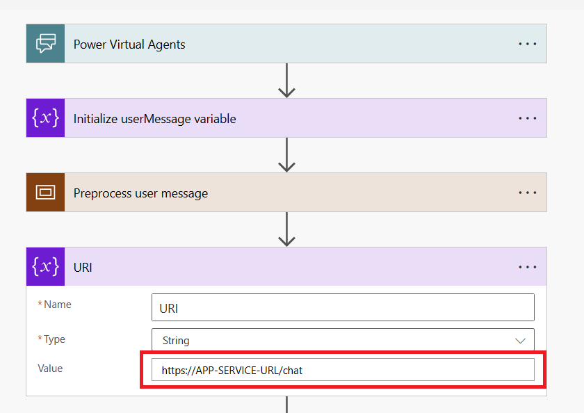 Screenshot depicting the steps of the sample cloud flow where customer-specific values are required