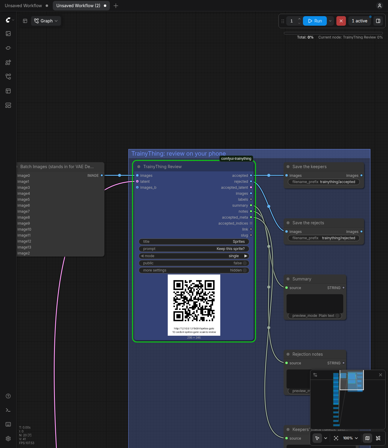 TrainyThing Review waiting on the canvas: the link and its QR on the node