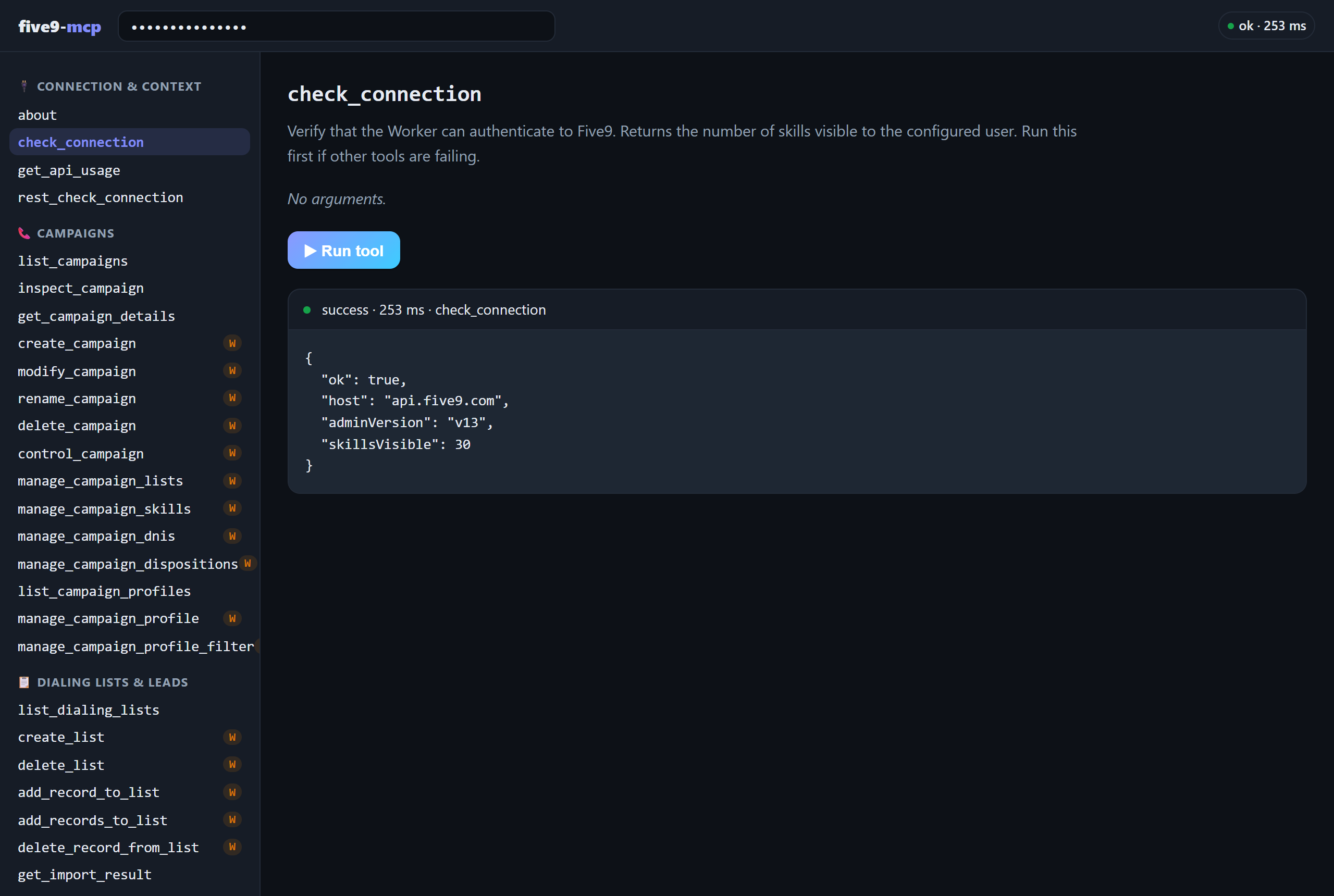 The interactive console running check_connection against a live Five9 domain